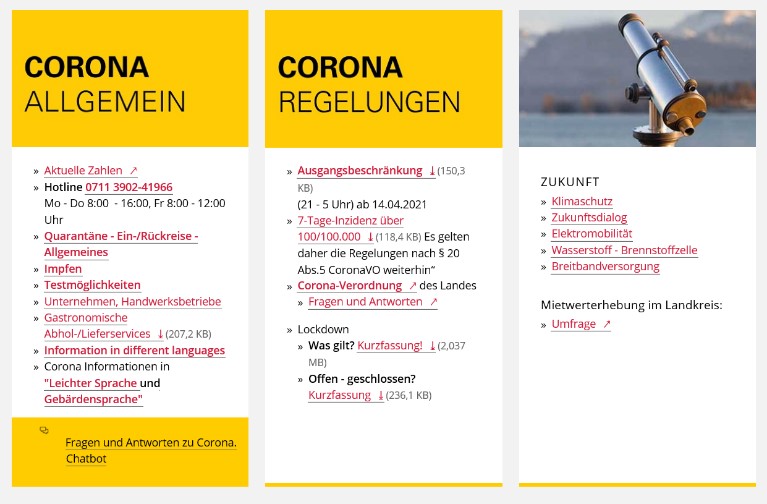 Screenshot der Startseite zu Hinweisen über Corona, Zukunft, .... 