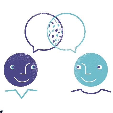 Logo der Sprachmittlung Landkreis Esslingen Illustration zweier Personen, die sich unterhalten